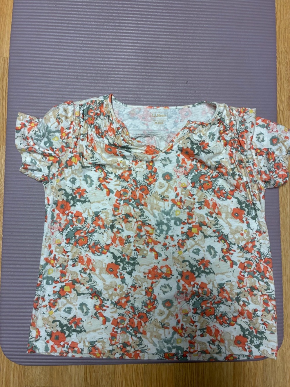 L.L. Bean Floral Scoop Neck Tee - Orange, Green & Cream